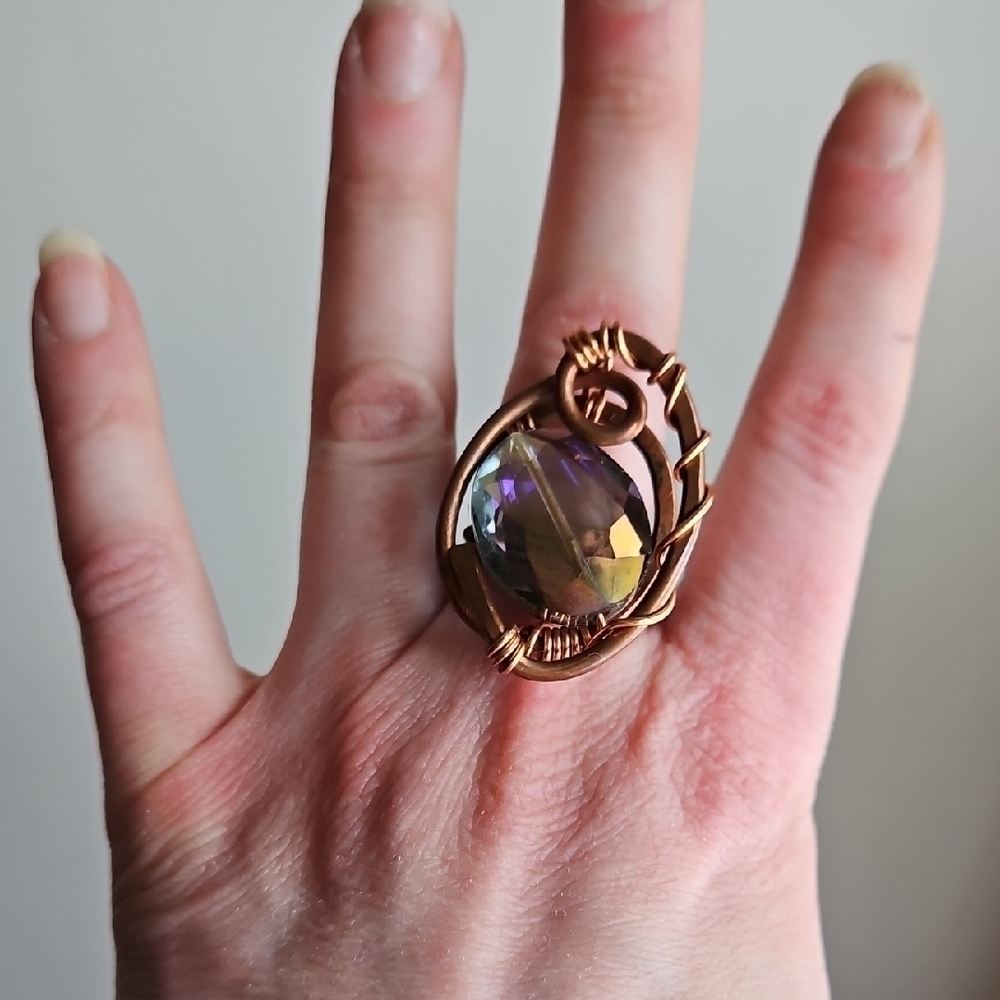 Bronze and Iridescent Purple Statement Ring, Sz 6.5